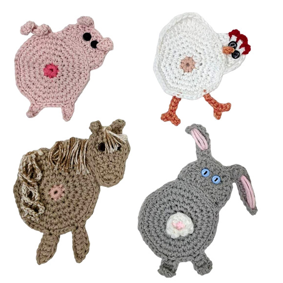 Animal Critter Butt Coasters Crochet Set of 4 Your Choice Handmade to Order - Picture 1 of 14